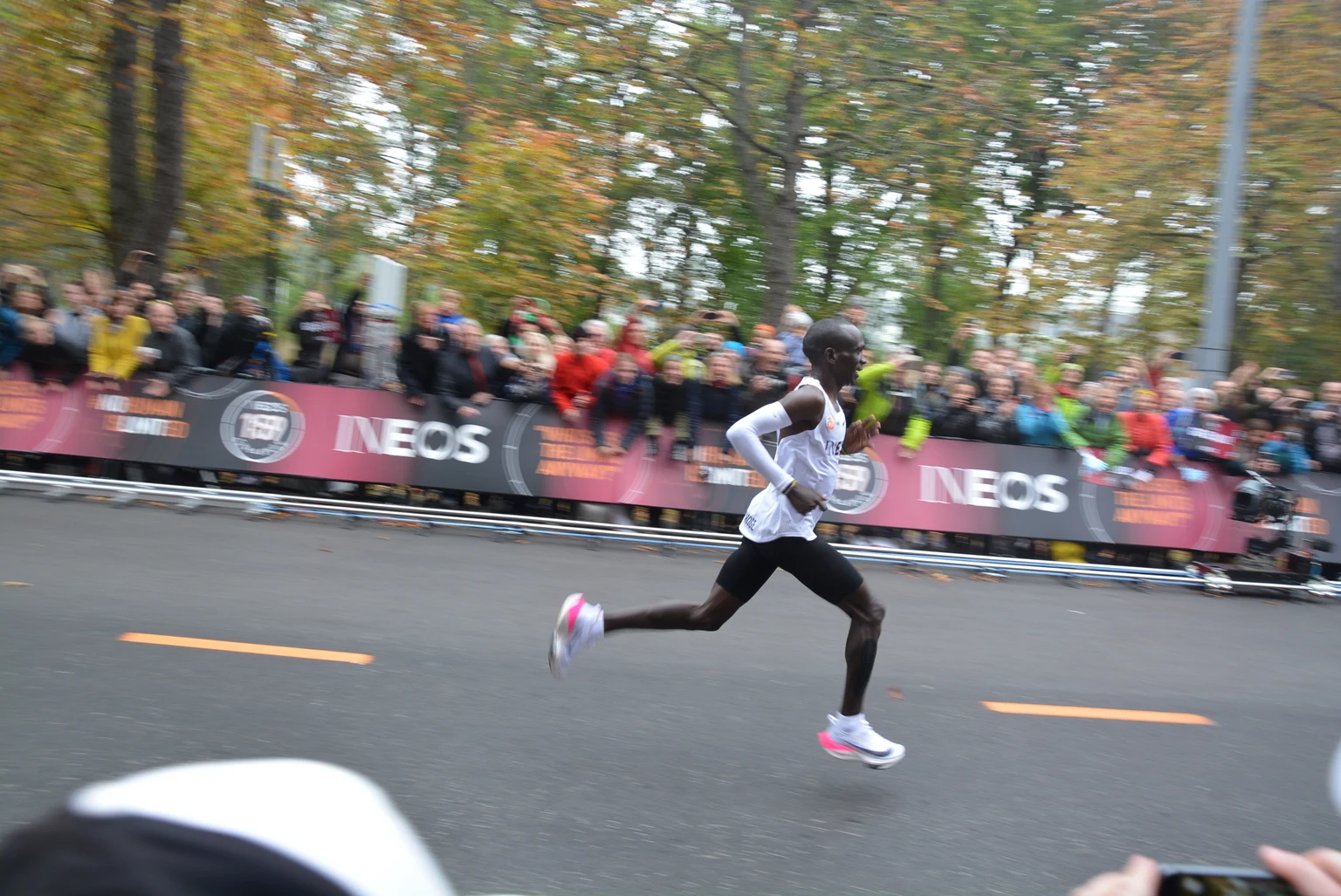 Eliud Kipchoge runs past spectators in the final 200 metres of the 2019 INEOS 1:59 Challenge in Vienna.