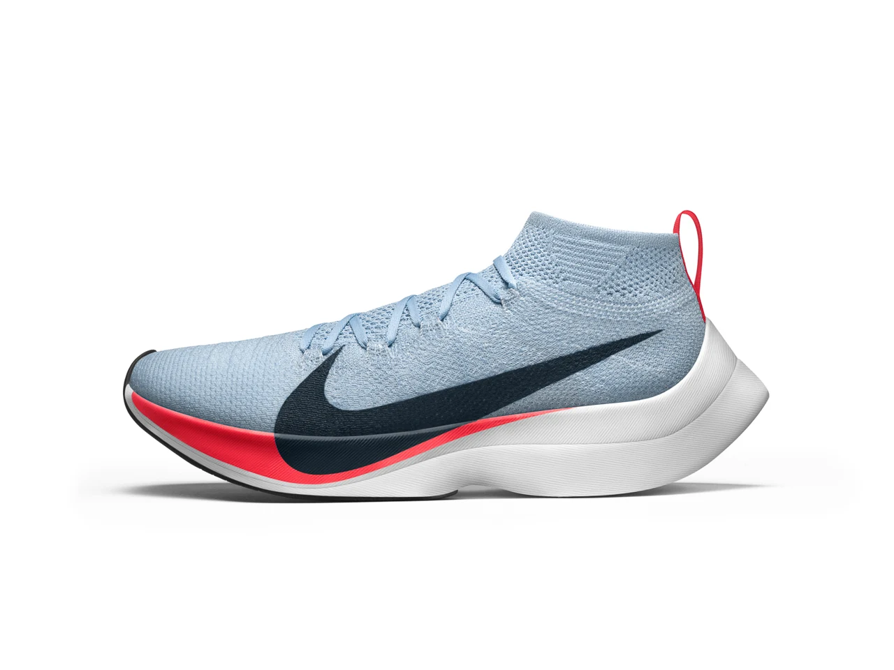 2017 Nike Zoom Vaporfly Elite in profile: a pale blue knit upper over a tall, curved white midsole.