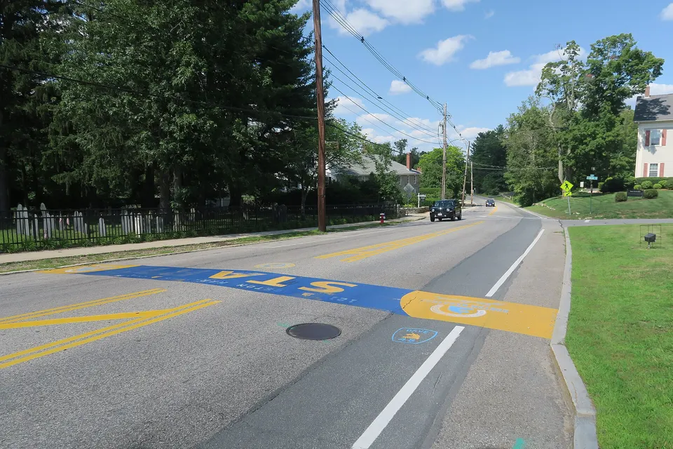 The painted starting line on Main Street in Hopkinton.