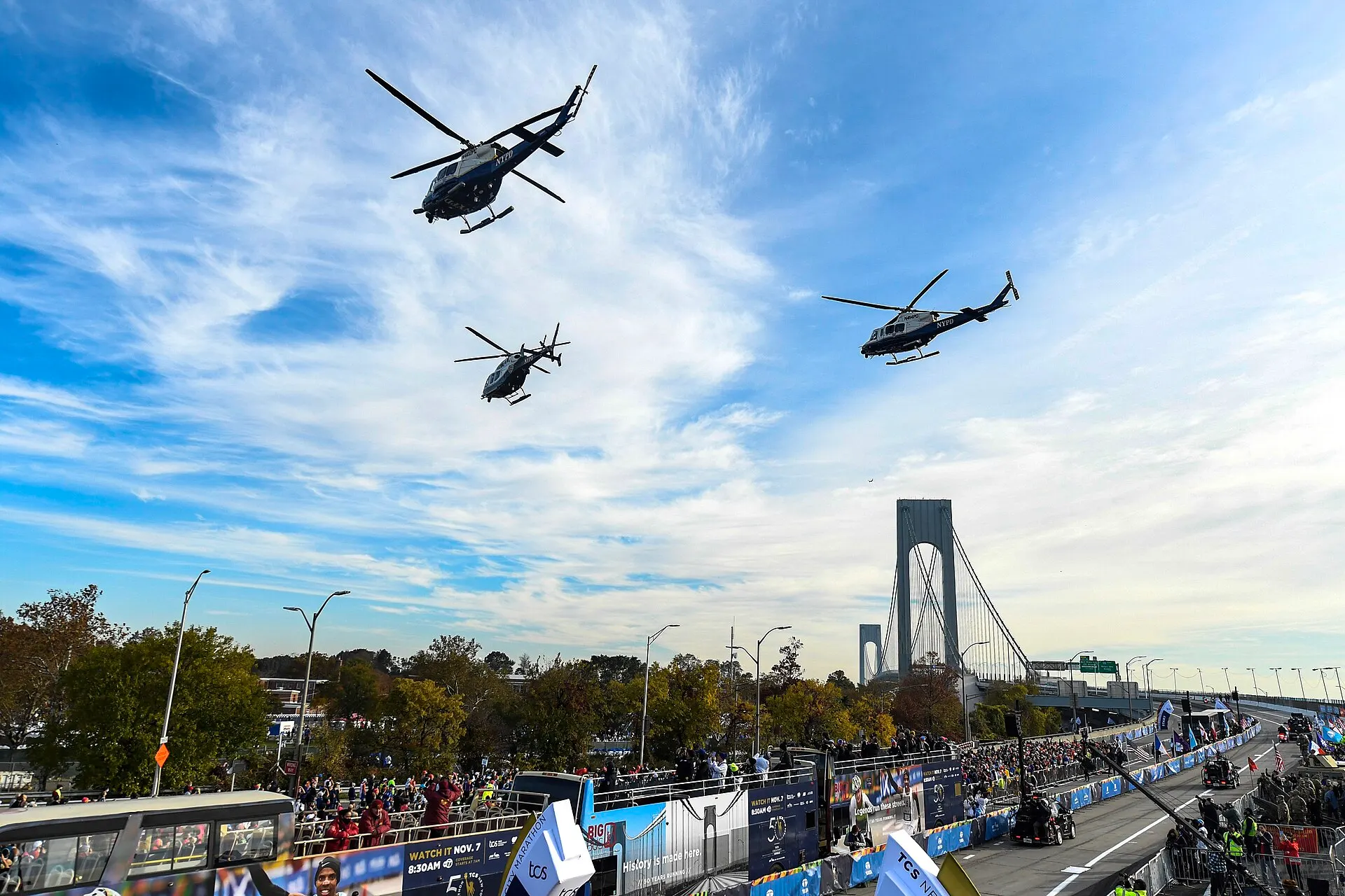 Police helicopters over the start of the 2021 New York City Marathon at the Verrazzano-Narrows Bridge.